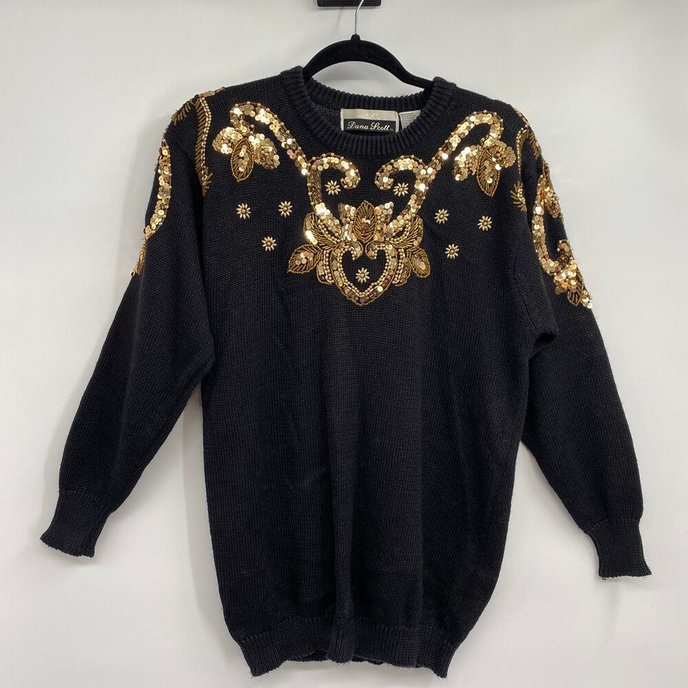 Vintage 80s Sequin Beaded Embellished Gold Sweater Crewneck Black Womens Medium